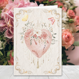 Tarjeta Blush Baroque Floral Sacred Heart Happy Valentines