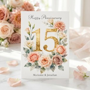 Tarjeta Blush Floral Acuarela Oro 15º Aniversario