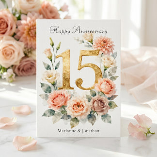 Tarjeta Blush Floral Acuarela Oro 15º Aniversario