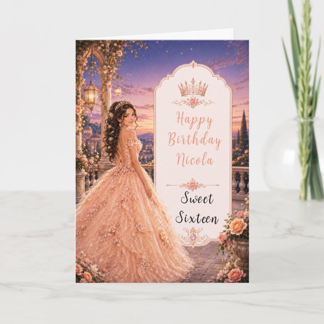 Tarjeta Blush Melocotón Sweet 16 Princesa Jardín (Anverso)