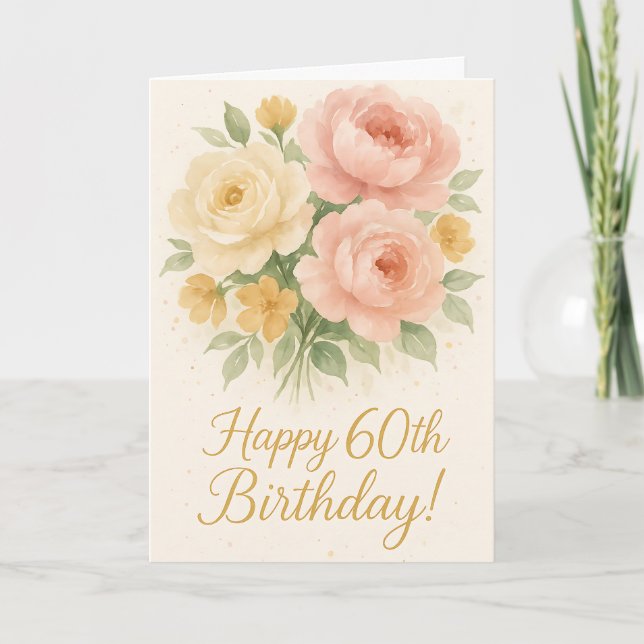 Tarjeta Blush Peony & Rose Happy 60th Birthday Watercolor (Anverso)
