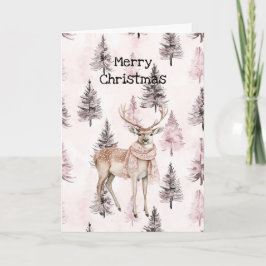 Tarjeta Blush Pink Cream Deer Scarf Christmas Trees