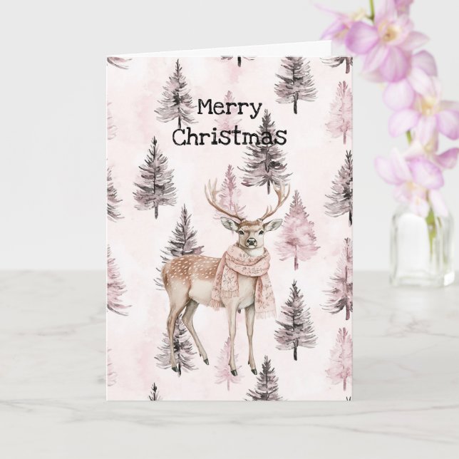 Tarjeta Blush Pink Cream Deer Scarf Christmas Trees (Orquídea)