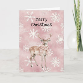Tarjeta Blush Pink Cream Deer Scarf Snowflakes Christmas