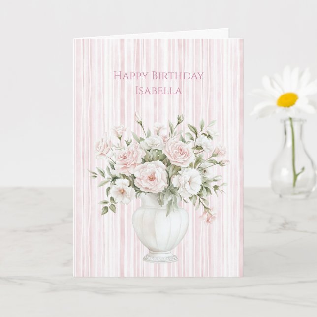 Tarjeta Blush Pink Rose Flowers Stripes Birthday (Planta pequeña)