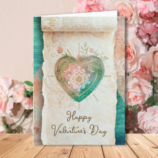 Tarjeta Blush Teal Baroque Sacred Heart Happy Valentines