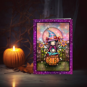 Tarjeta Blushing Moon Cute Witch and Cat Halloween Art