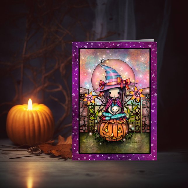 Tarjeta Blushing Moon Cute Witch and Cat Halloween Art (Subido por el creador)