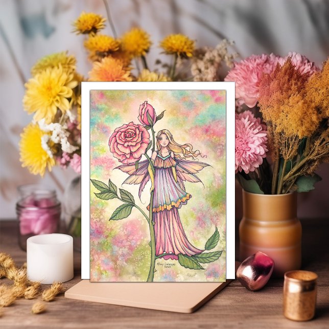 Tarjeta Blushing Rosa Fairy Watercolor Art (Subido por el creador)