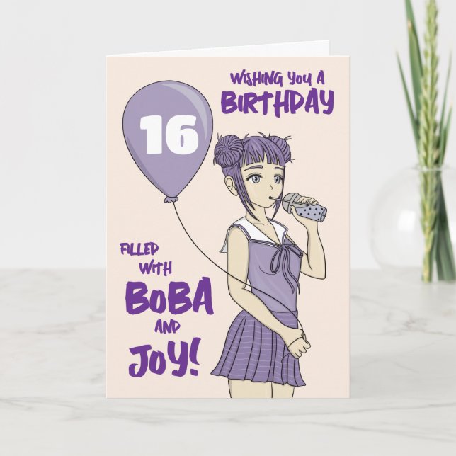 Tarjeta Boba Bubble Tea Anime Chica Cumpleaños (Anverso)