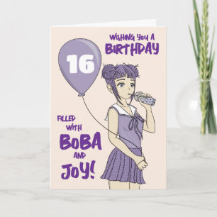 Tarjeta Boba Bubble Tea Anime Chica Cumpleaños