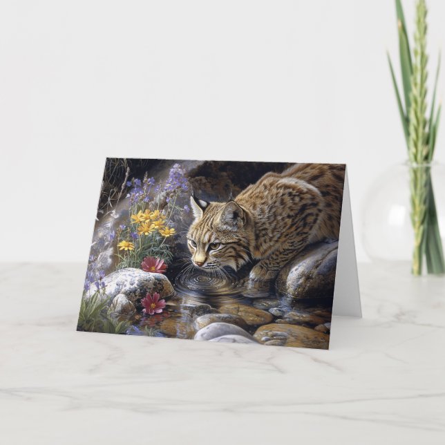 Tarjeta Bobcat con flores silvestres Arte escénico (Anverso)