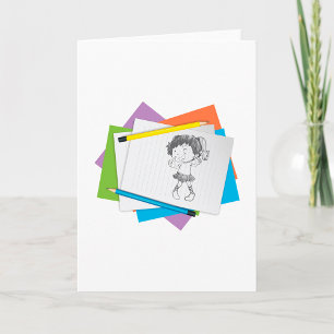 Tarjeta Boceto de niña juguetona con lápices de colores