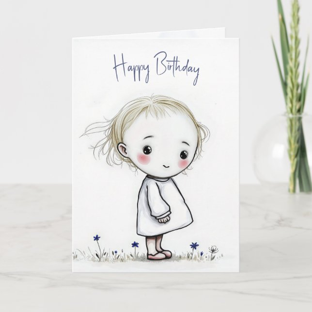Tarjeta Boceto De Niñita De Cumpleaños Con Flores Salvajes (Anverso)