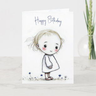 Tarjeta Boceto De Niñita De Cumpleaños Con Flores Salvajes