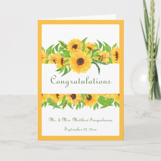 Tarjeta Boda Amarillo nombre girasoles felicitaciones (Anverso)