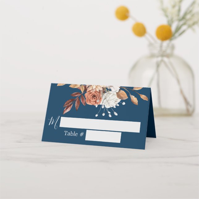 Tarjeta Boda azul de la Marina floral otoño (Anverso)
