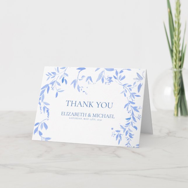 Tarjeta Boda Botánico Floral Azul Francés Gracias (Anverso)