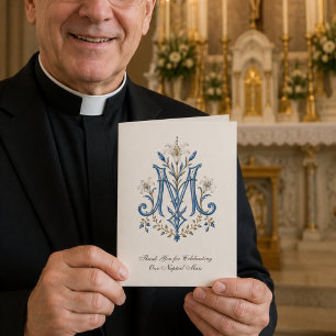 Tarjeta Boda católica con monograma mariano para sacerdote
