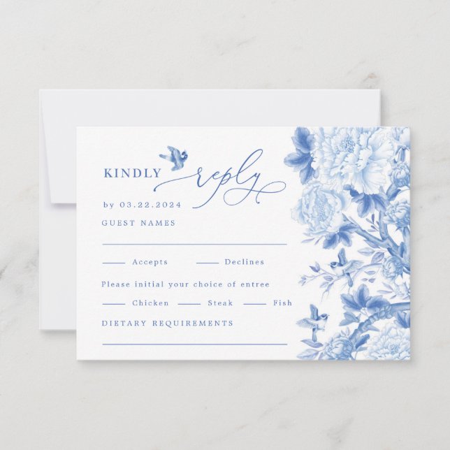 Tarjeta Boda Chinoiserie clásica azul blanco RSVP (Anverso)