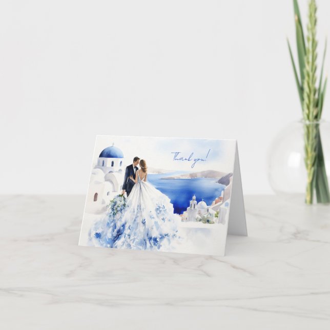tarjeta boda con pintura acuarela de Santorini (Anverso)