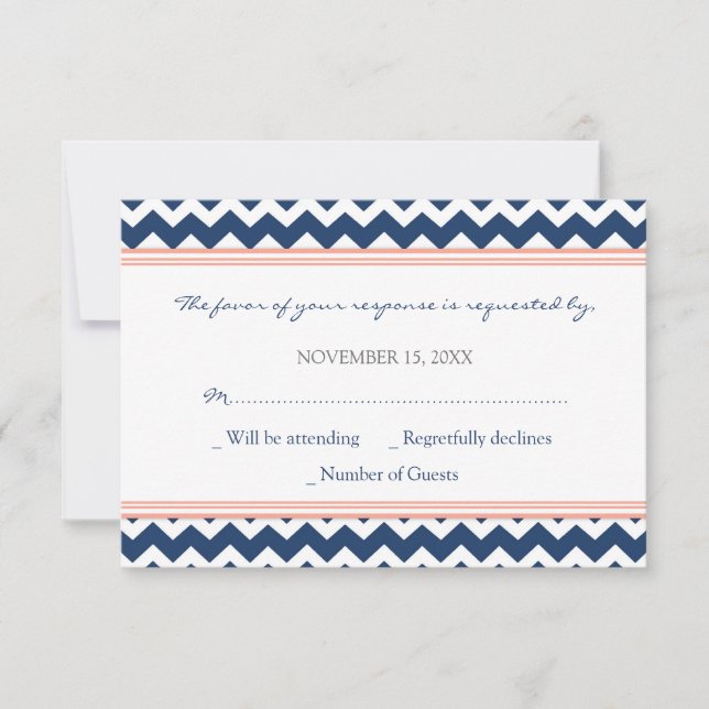 Tarjeta Boda Coral Blue Chevron RSVP (Anverso)