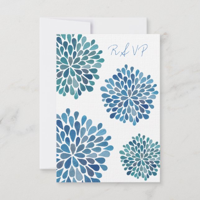 Tarjeta Boda Dahlias de color azul RSVP (Anverso)