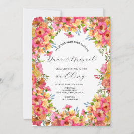 Tarjeta Boda de Acuarela de Florales Brillantes Rosados Ja