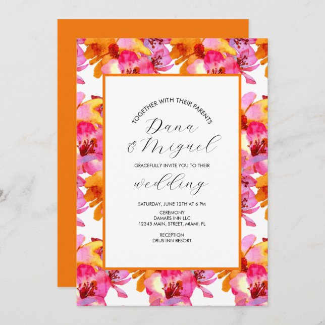 Tarjeta Boda de acuarela Naranja rosa de Bright Florals (Anverso / Reverso)