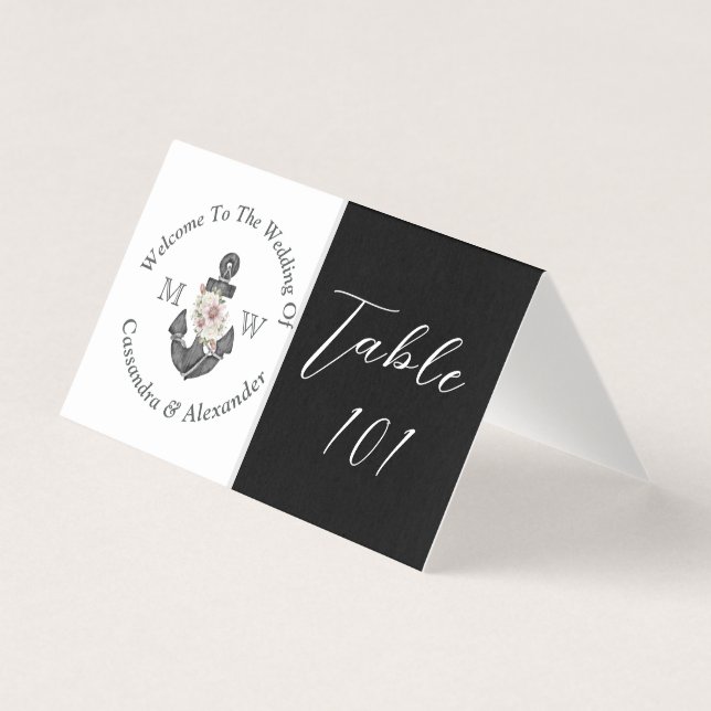 Tarjeta Boda de ancla floral náutica negro y blanco (Anverso)