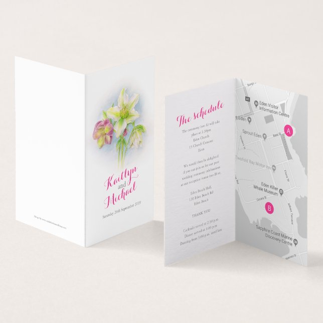 Tarjeta Boda de arte de Hellebore detalles mapa del progra (Interior y exterior)