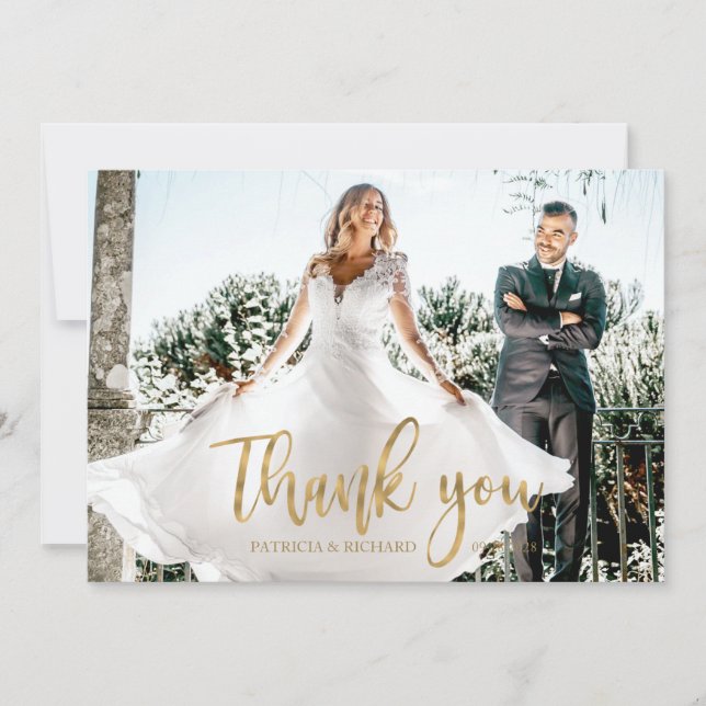 Tarjeta Boda de caligrafía elegante fotográfica Gracias (Anverso)
