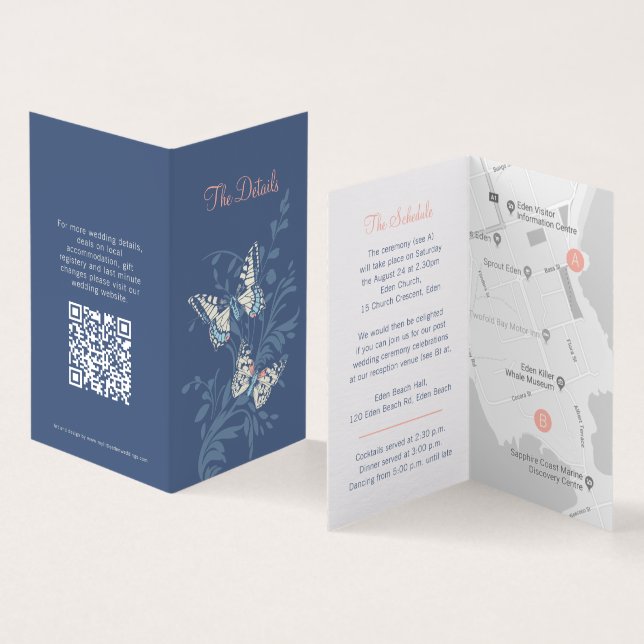 Tarjeta Boda de coral azul mariposa mapa de detalles QR (Interior y exterior)