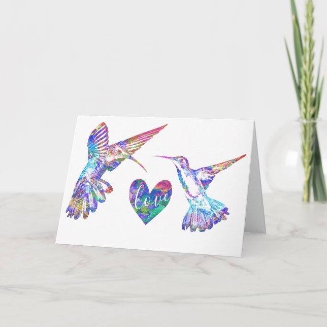 Tarjeta Boda de corazones de colibríes y acuarela (Anverso)