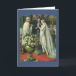 Tarjeta Boda de cosecha, novia y novio con Menorah<br><div class="desc">Imagen de la ceremonia del amor al ilustracion vintage y boda romántico que presenta a una pareja casada en una hermosa sinagoga con vidrieras,  flores y una menorah de siete ramas. La novia lleva un vestido largo y blanco boda y el novio es guapo en su esmoquin.</div>