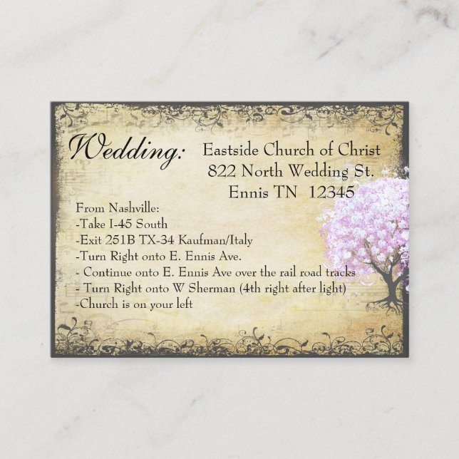 Tarjeta Boda de dirección de árbol de lavanda de h (Anverso)