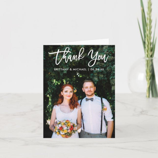 Tarjeta Boda de escritura de pincel moderno Foto Gracias N (Anverso)