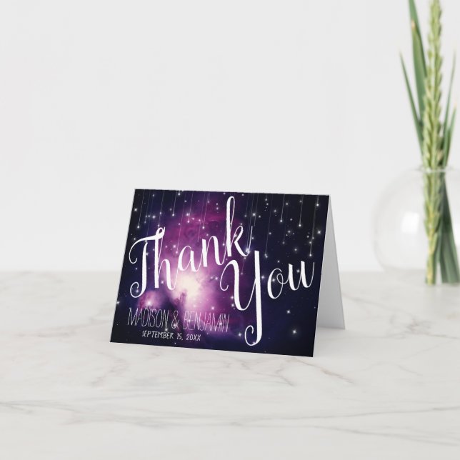 Tarjeta Boda de Estrellas Celestes Purple Galaxy Gracias (Anverso)