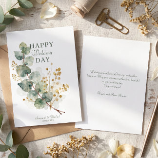 Tarjeta Boda de eucalipto dorado con acuarela y vegetación