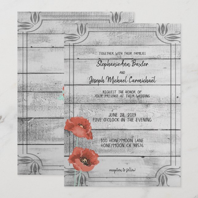 Tarjeta Boda de Flores de amapola blanca y rústica (Anverso / Reverso)