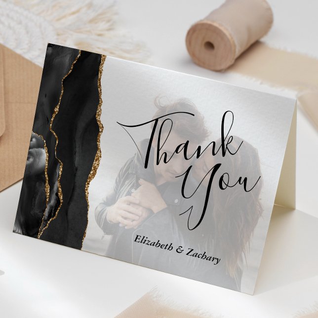 Tarjeta Boda de fotos de Black Agate Gold Faded Gracias (Subido por el creador)
