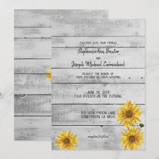 Tarjeta Boda de girasoles de madera blanca rusa (Anverso / Reverso)