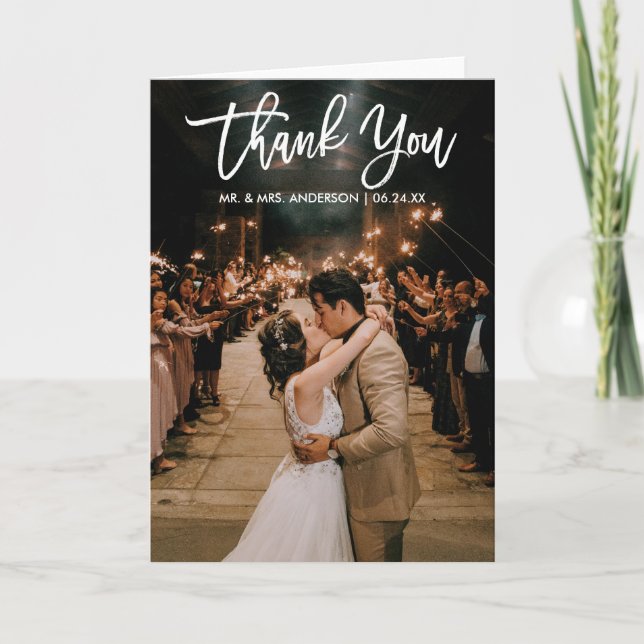 Tarjeta Boda de guión de pincel Foto Gracias a la tendenci (Anverso)