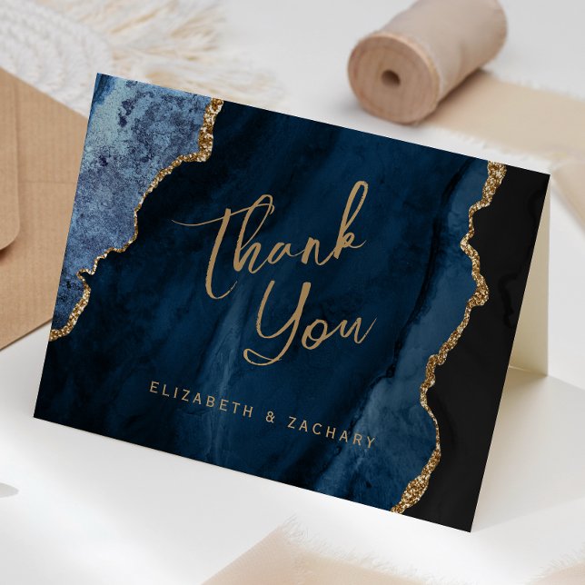 Tarjeta Boda de guiones de la Marina Blue Gold Agate Graci (Subido por el creador)