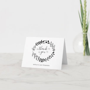 Tarjeta Boda de guirnalda floral en blanco y negro Agradec