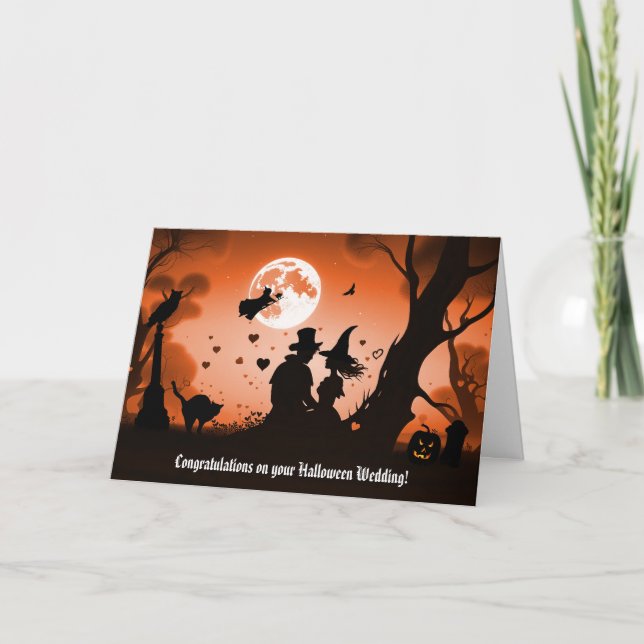 Tarjeta Boda de Halloween Pareja Cuta con Negro Bruto (Anverso)