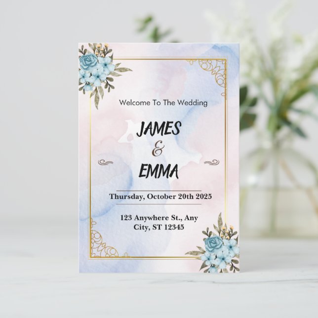 Tarjeta Boda de invitación azul estética (Anverso de pie)