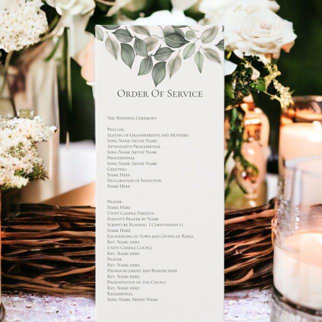 Tarjeta Boda de la Orden de Foliage Verde Muerto (Muted Green Foliage Order of Service Wedding Cards from Ricaso)
