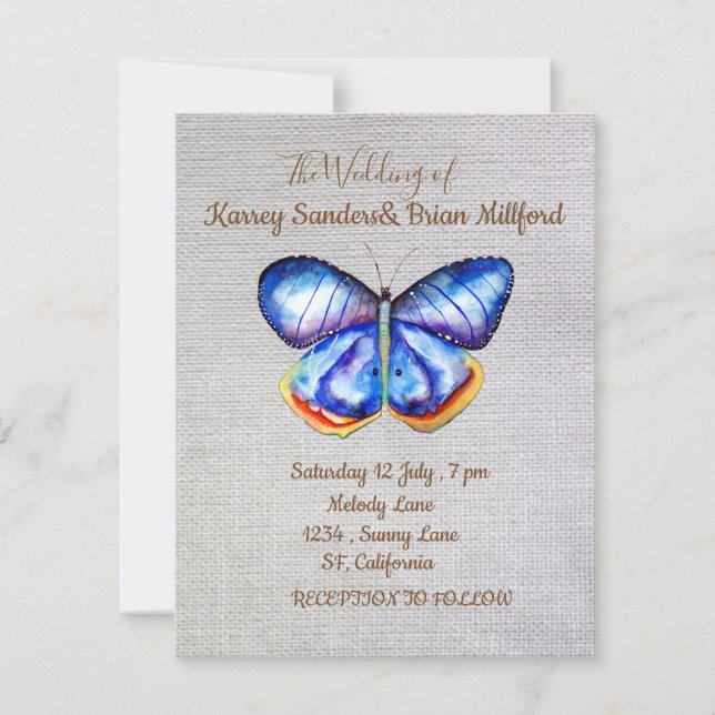 Tarjeta Boda de lienzo de mariposa azul (Anverso)