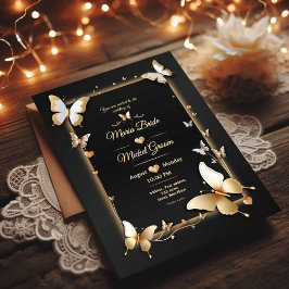 Tarjeta boda de mariposas doradas negras